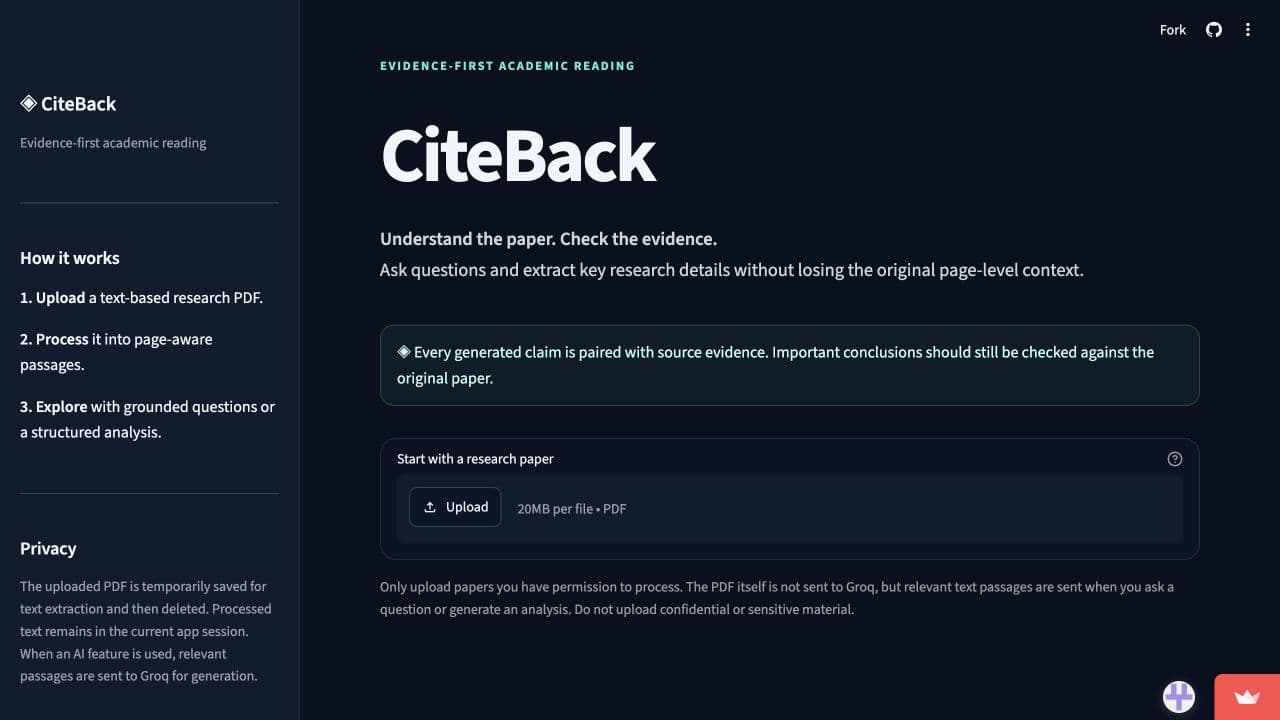 CiteBack landing page